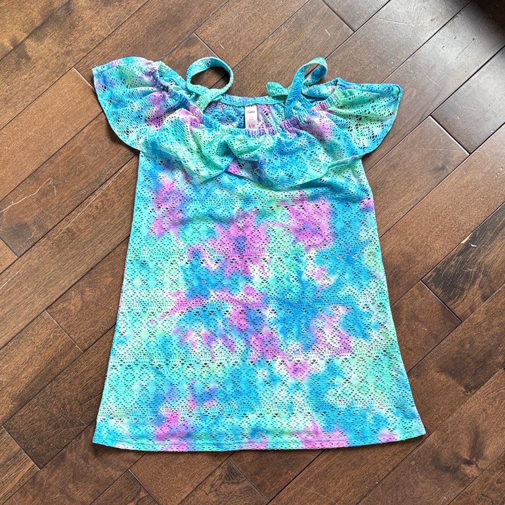 Justice Sz 8 Girls Tie-Dye Ruffle Shoulder Tank dress - Blue, Turquoise & Pink